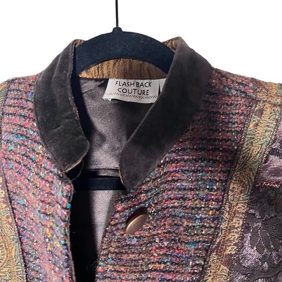 Flashback Couture Blazer Jacket Mixed Fabrics Velvet Satin Tweed 4 Button - Picture 2 of 15